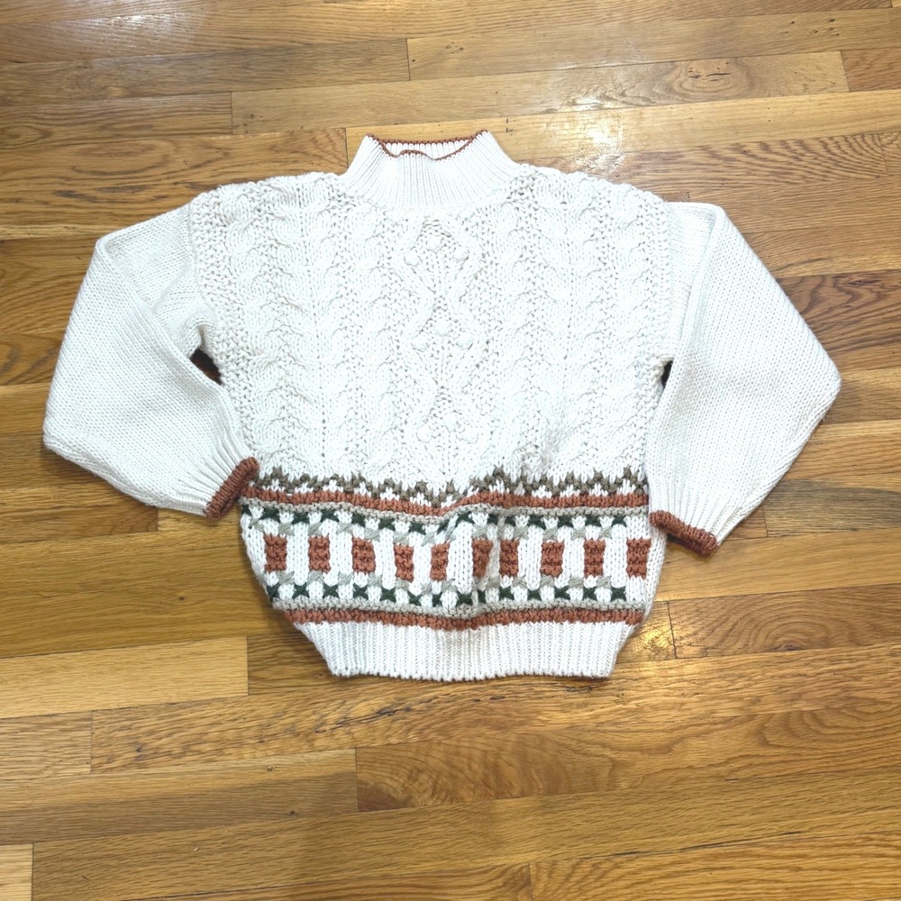 Jamie Scott Hand Knitted Cable Knit Sweater Cream Southwestern Fair Isle Small